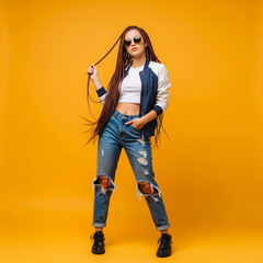 Obraz premium young woman in jeans. portrait of a stylish young woman. Stylish young woman with braided hair in casual attire posing confidently against a vibrant yellow background.