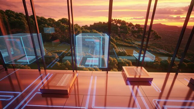 Futuristic Room with Glowing Neon Lines and Glass Walls Overlooking Sunset Landscape, Creating High Tech Ambiance
