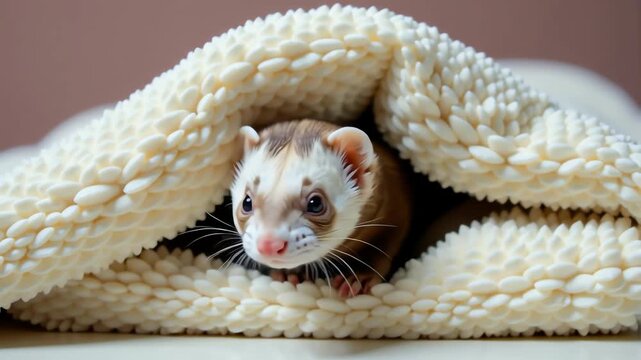 Ferret peeking out from cozy blanket in indoor setting  