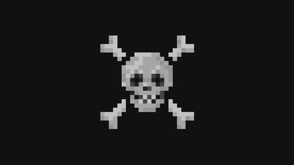 Looped pixel art animation of a skull with crossbones and glitch distortion on black background. Suitable for gaming, tech or danger themes. - Powered by Adobe