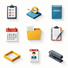 Administrative Icon Set. Isometric Flat icon set of documentation and administrative materials: clipboard with forms, blueprint 