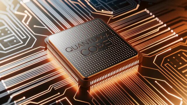 Futuristic Microchip Quantum AI Core on Circuit Board Advanced Technology with Glowing Orange and Blue Lights