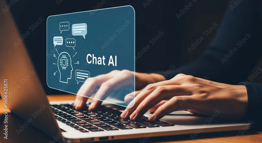 Poster hands typing on a laptop with a chat ai graphic overlayed on the screen and dark background behind i