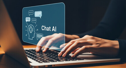 Hands typing on a laptop with a chat ai graphic overlayed on the screen and dark background behind it
