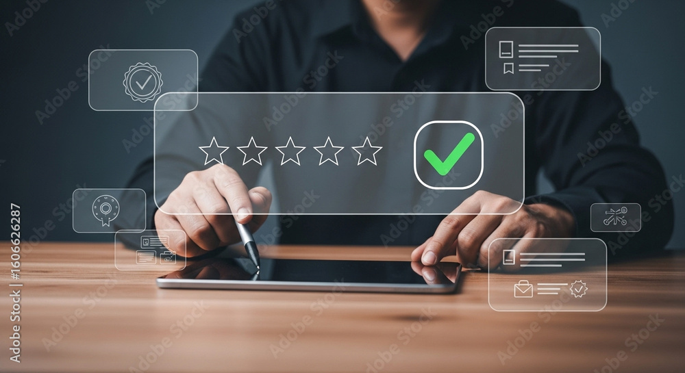 Poster person using tablet to give a five star rating with checkmark and other digital icons around it