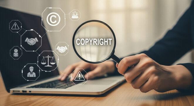 Copyright law concept with magnifying glass over copyright text and laptop in the background