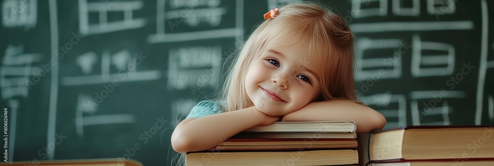 Poster happy elementary school student leaning against a stack of colorful books in a classroom, smiling br