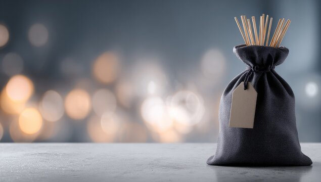 A gray cloth bag with reed diffusers sits on a table against a blurred background
