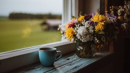 Colorful flowers and a cup of coffee on a windowsill.