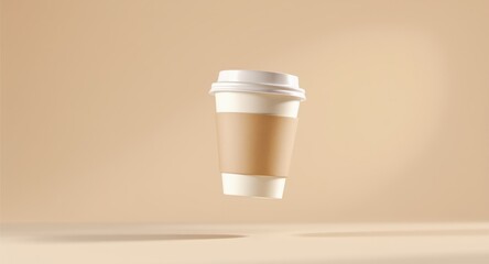 Floating Paper Coffee Cup with Brown Sleeve Beige Background Mockup