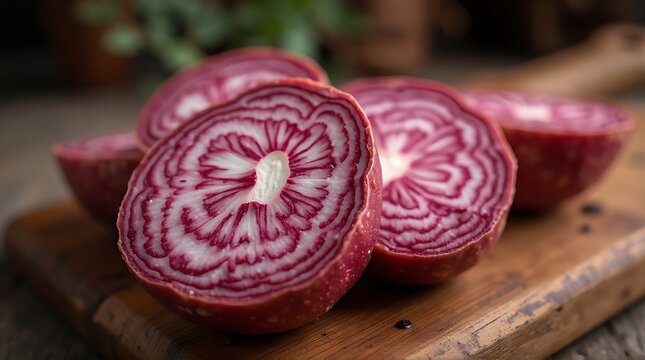 Close-up of sliced Chioggia beets revealing vibrant red and white rings. - Powered by Adobe