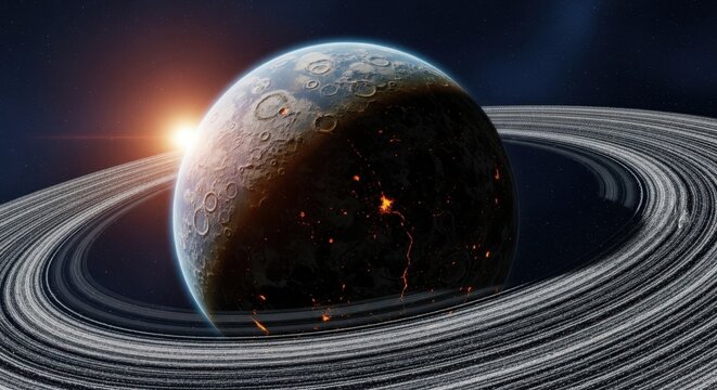 Stunning ringed planet glows with volcanic activity under distant sun in deep space