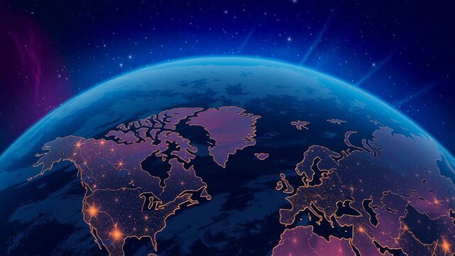Glowing Digital Illustration of Earth from Space Illuminated Continents and City Lights Against Starry Night Sky, Evoking Wonder