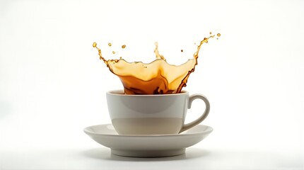 Coffee explosion in a white cup, isolated on a clean white background