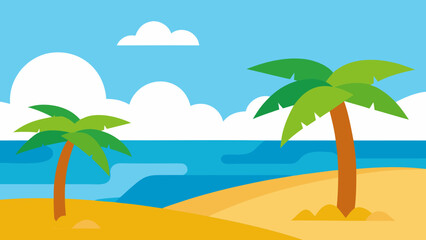Fototapeta premium Whimsical Cartoon Illustration Beach With Palm Trees Tropical Scene