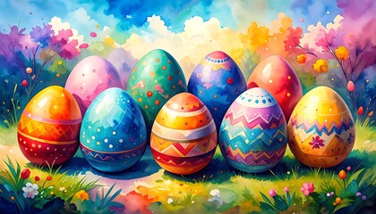 Fototapeta premium Colorful Easter eggs in a garden setting