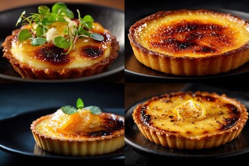 Four dessert tarts with unique citrus custard fillings on dark plates, close-up