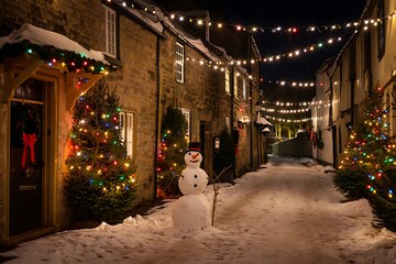 Obraz premium A grand old building with stone columns and arches illuminates a Christmas tree in the city street at night