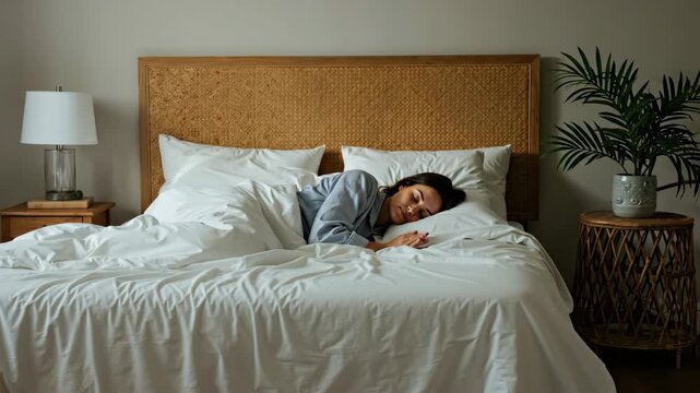 Young woman sleeping soundly in comfortable bed with white linens and woven headboard. Concept of deep rest, relaxation, and sleep quality. For mattress or bedding products sale. Horizontal banner