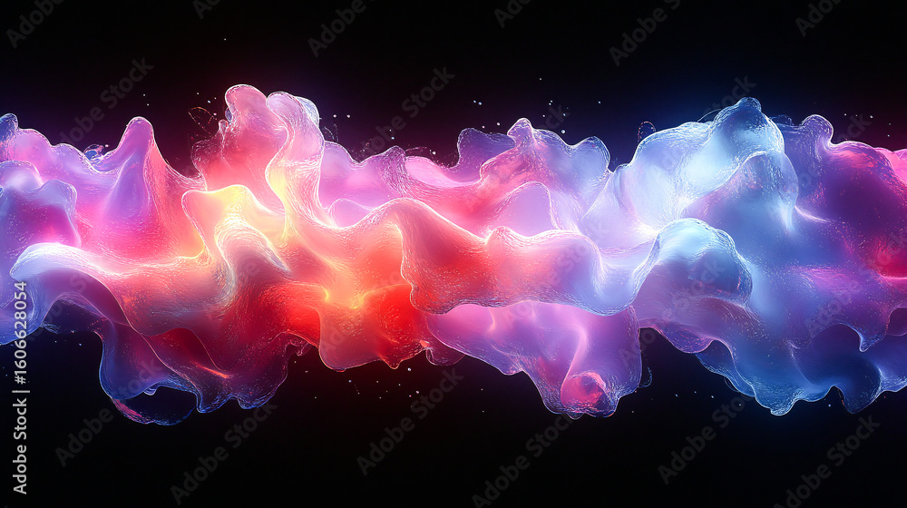 Poster a dynamic 3d rendering of an abstract fluid holographic wave in neon hues, set against a dark backdr