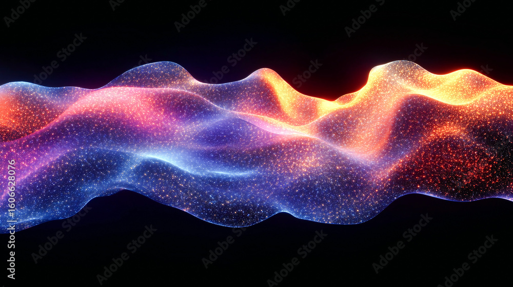 Poster a dynamic 3d rendering of an abstract fluid holographic wave in neon hues, set against a dark backdr
