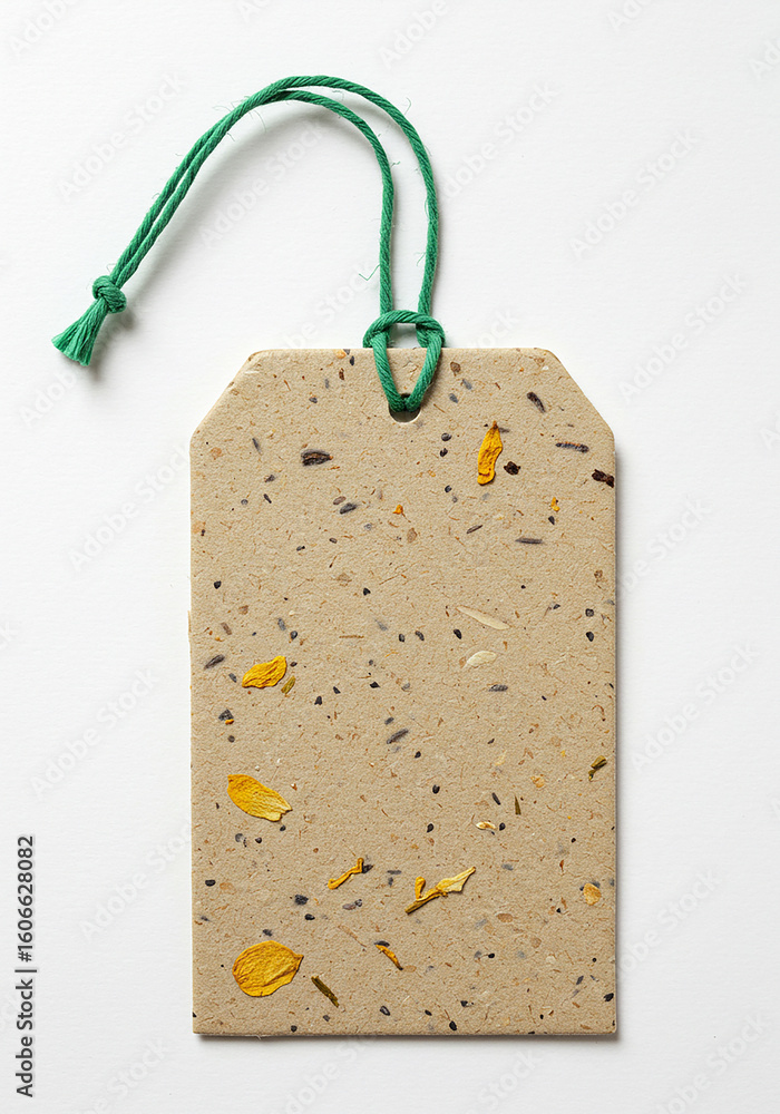 Poster recycled paper tag with string on white background.