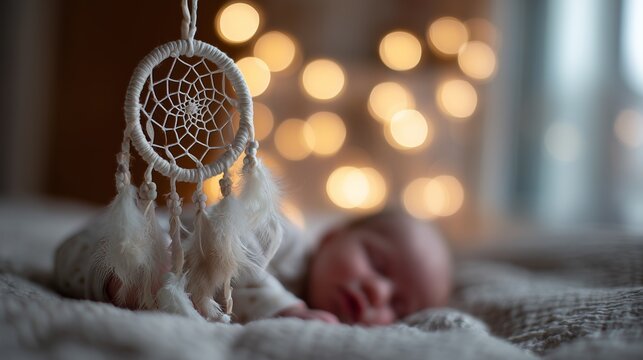 A delicate dreamcatcher hangs over a peacefully sleeping baby, surrounded by soft glowing lights, creating a serene atmosphere.