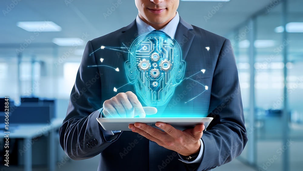 Poster businessman interacting with a glowing digital artificial intelligence brain interface on a tablet