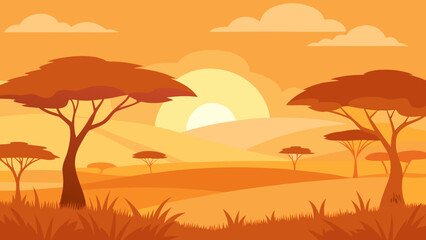 Observe a sun scorched savanna with scattered acacia trees