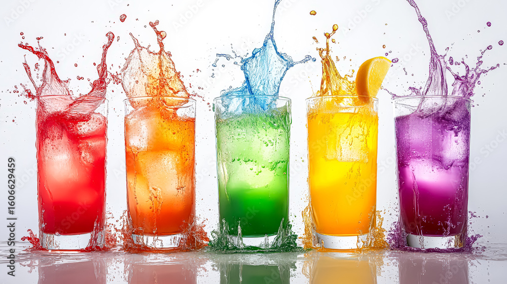 Poster row of colorful drinks in glasses with a splash of color in the air