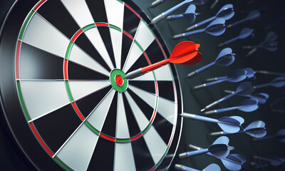 Red dart arrow in target of dartboard. Business target or goal. Success and winner concept, 3d rendering.