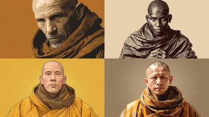 Four diverse monks in robes, rendered in various artistic styles and color palettes
