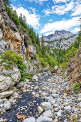 Dry mountain river with scattered rocks, surrounded by cliffs and pine forest under a bright blue sky. Great for climate visuals, travel blogs, environmental reports, and geology presentations.