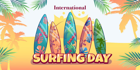 international surfing day, banner with surf board with surf on the sea beach.