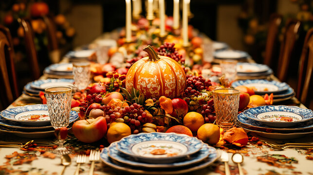 A front view of the kids' table, decorated with fun and colorful Thanksgiving-themed plates and utensils - Powered by Adobe