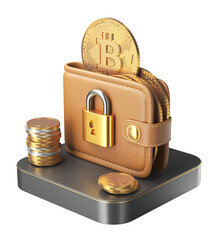 Gold Bitcoin in a wallet with a padlock for security, Financial Investment and Digital Assets 3d illustration.
