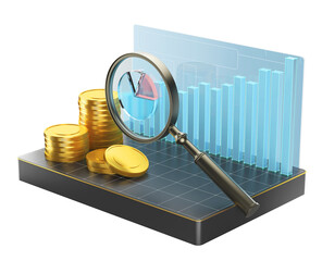 Magnifying glass looking at Forex investment chart, gold stock trading and financial investment. 3D illustration.