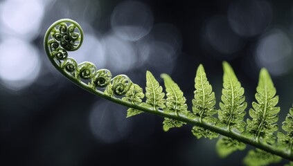 Close-up of a vibrant green fern frond unfurling, showcasing intricate detail against a blurred background