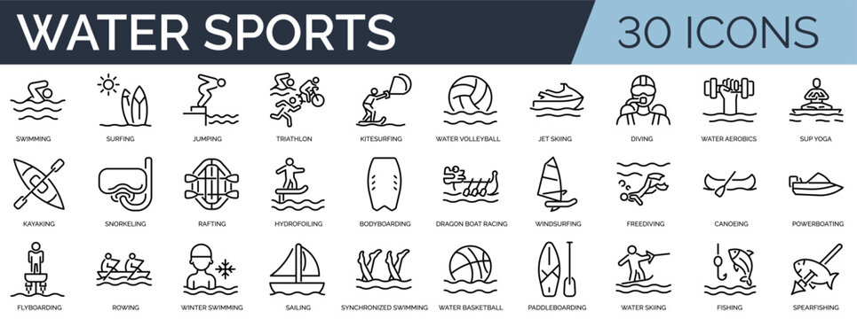 Set of 30 outline icons related to water sports. Linear icon collection. Editable stroke. Vector illustration