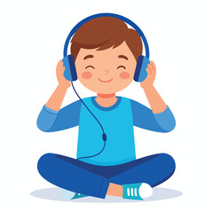 A boy with brown hair sits cross-legged, eyes closed, listening to music with blue headphones.