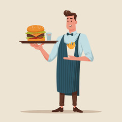 The waiter serves a delicious burger and fries clipart, illustration