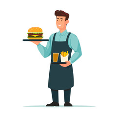 The waiter serves a delicious burger and fries clipart, illustration