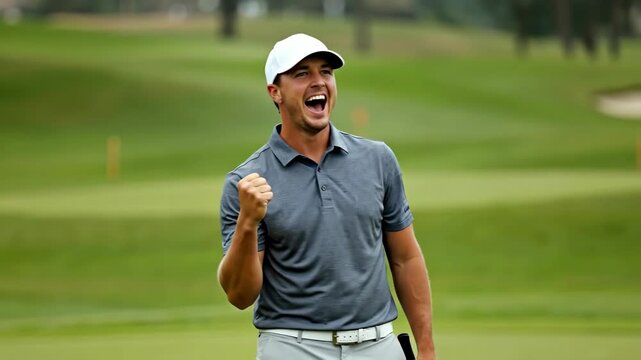 Ecstatic male golfer clenching his fist and shouting in celebration on golf course. Concept of winning, success, and peak performance in sports. For championship or motivational banner.