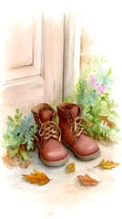 Worn Red Boots by the Door with Autumn Leaves and Garden Flora – Cozy Nostalgic Moment in Nature