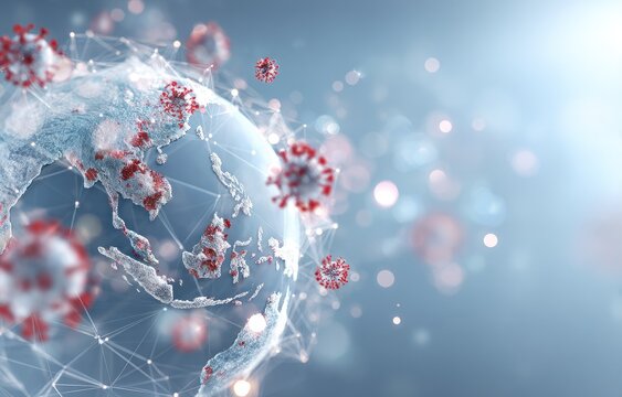 Global pandemic visualization; Earth enveloped by virus particles, interconnected network
