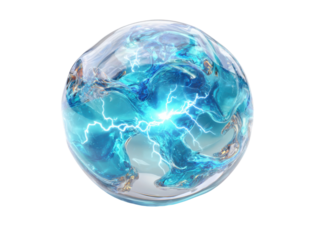Electric blue energy sphere abstract concept digital art close-up. Isolated on transparent background, png.