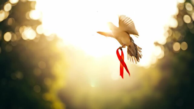 Hand releasing white dove with red ribbon on its leg into sunlit, soft focus background. Concept of peace, hope, freedom, and new beginnings. For memorial service or charity event banner.