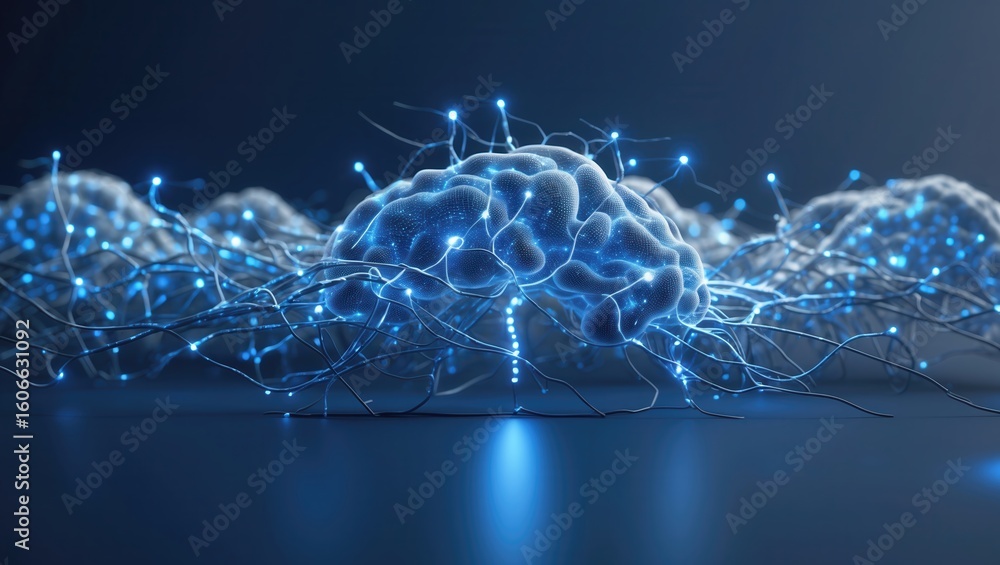 Poster digital representation of a brain surrounded by glowing neural connections and circuits on a dark ba