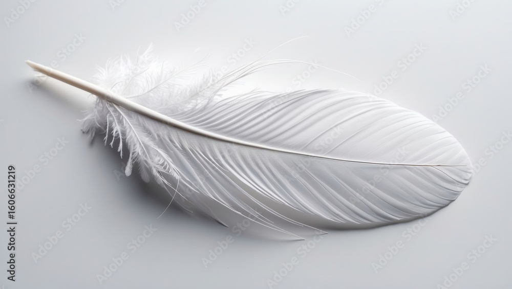 Poster elegant white feather resting on a smooth surface with soft textures and reflections