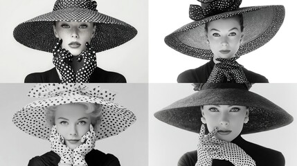 A monochromatic quartet of a woman in chic vintage fashion hats and polka dots